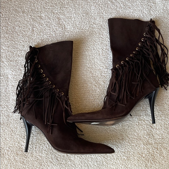 Gianmarco Lorenzi Shoes - Gianmarco Lorenzi Dark Brown Fringe Heeled Boots